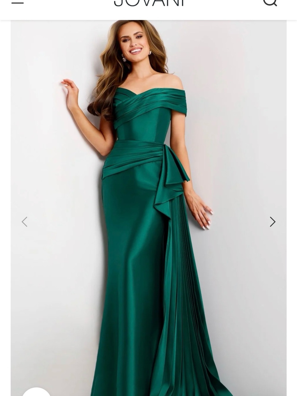 Jovani Emerald Off-the-Shoulder Satin Mermaid Gown